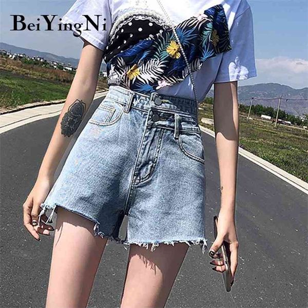 

high waist denim shorts women young streetwear chic washed slim plus size jeans female distressed cowboys 210506, Blue