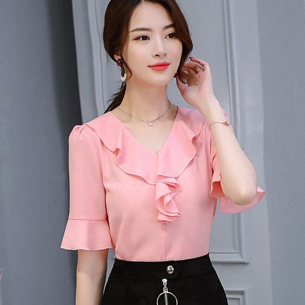 

women's blouses & shirts 2021 spring korean version of the thin short-sleeved summer fashion all-match solid color casual chiffon shirt, White
