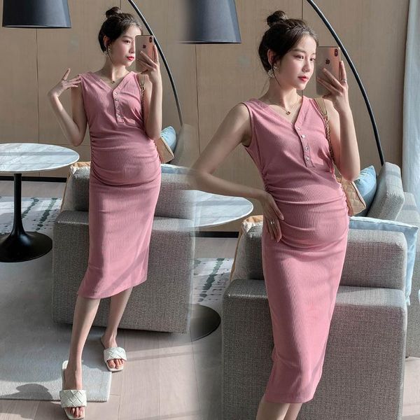 

803# summer maternity slim dress sleeveless vest bodycon clothes for pregnant women elegant drawstring belly pregnancy dresses, White