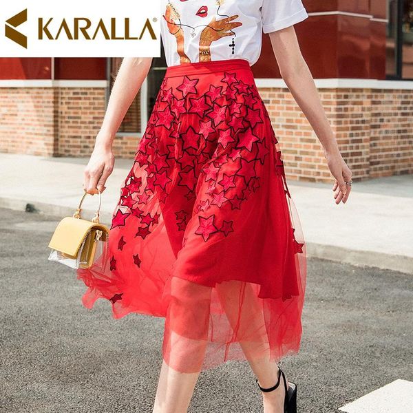 

skirts 2021 summer multi-layer mesh star skirt elegant women quality embroidery a-line red c925, Black