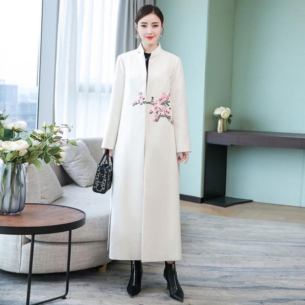 

women's wool & blends autumn and winter coat artistic chinese style embroidered overknee mid-length woolen, Black