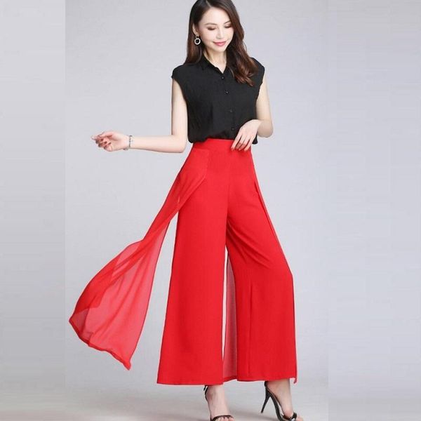 

women's pants & capris 2021 summer wide leg trousers casual vintage high waist chiffon side split loose solid 5748, Black;white