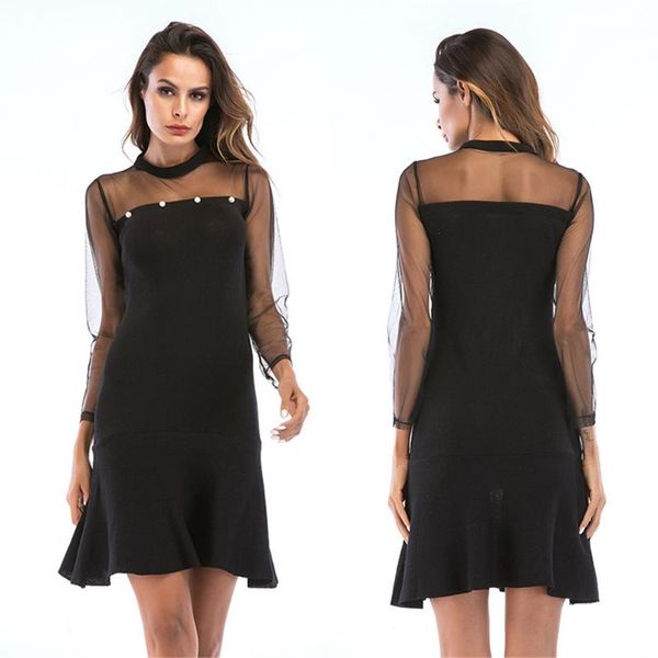 

casual dresses mesh full-sleeve stitching slim ruffle hem mini dress solid color round neck a-line women summer o-neck balck ol, Black;gray