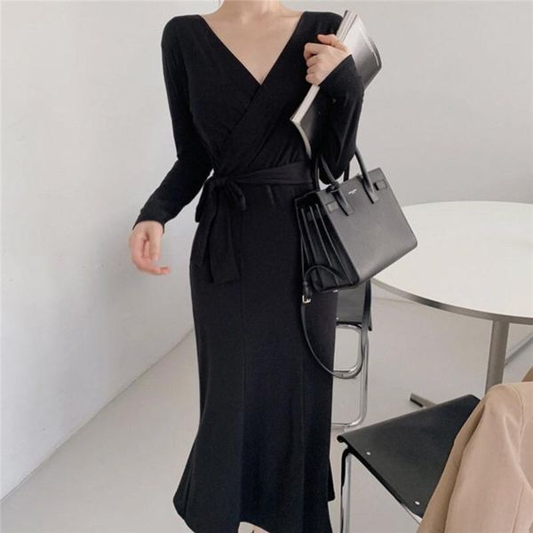 

casual dresses zcsmll korean french vintage deep v-neck crossover design long-sleeved tie-in waist slim-fit hip knitted dress for women, Black;gray
