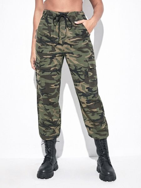 

drawstring waist camo pattern cargo jeans t9i3#, Blue