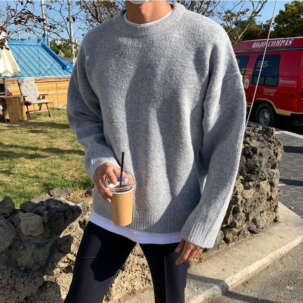 

men's sweaters 2021 fashion base autumn and winter gray sweater round neck versatile casual loose korean style solid color, White;black