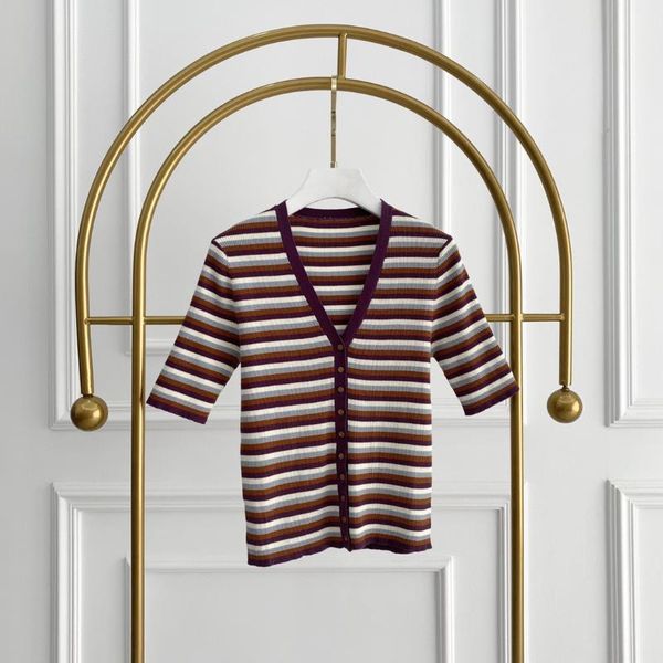 

women's polos summer 2021 striped cotton short sleeve thin versatile knitting t-shirt commuter slim open chest, White