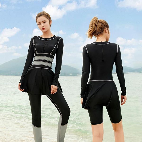 

one-piece suits summer sport swim bodysuit long sleeve rashguard suncreen swimsuit holiday beach wear women's 3 set surfing suit
