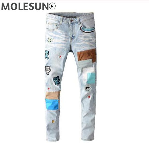 

men's jeans male pant trousers high street patch ripped hole white blue slim elastic pants for man 639