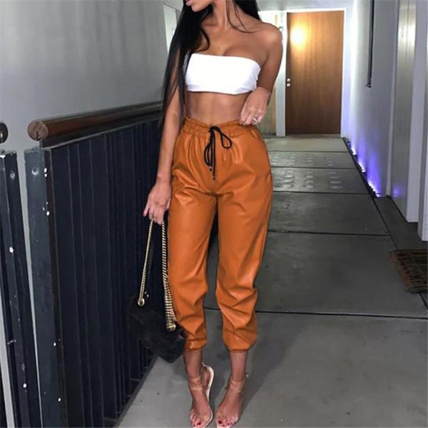 

women's pants & capris 2021 fashion pu leather women harem casual high waist elastic faux trousers for autumn streetwear, Black;white