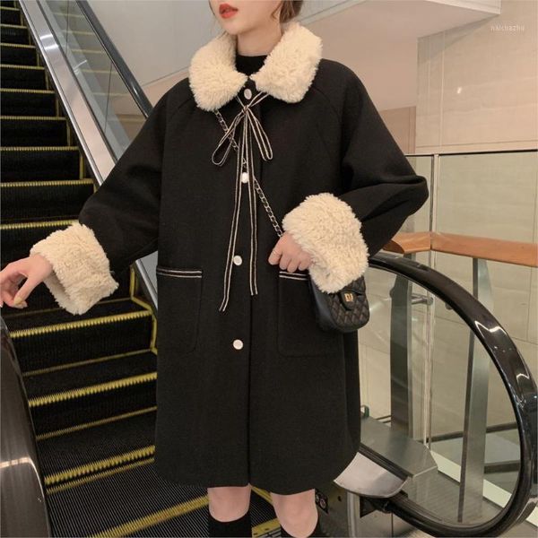 

women's down & parkas woolen coat autumn and winter 2021 style loose stitching lamb wool thick, Black