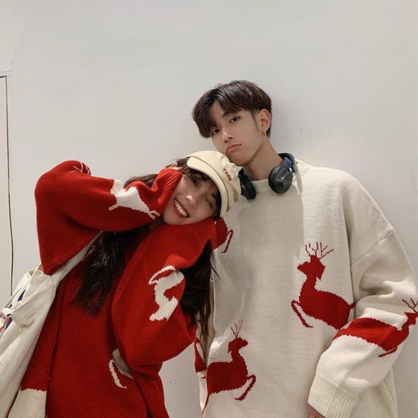 

men's sweaters lovers lazy sweater korean womens ugly christmas cute reindeer tree knit casual loose pullover jumper outerwear, White;black