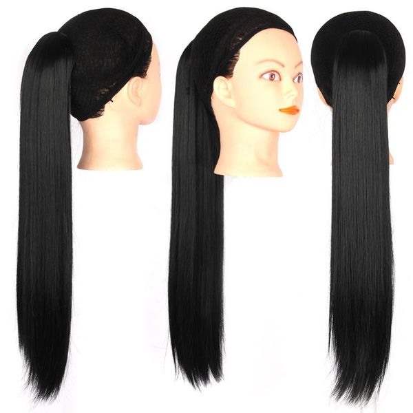 

synthetic wigs straight ponytail synthtic hair natural color drawstring soft bun chignon clip in tail for women, Black
