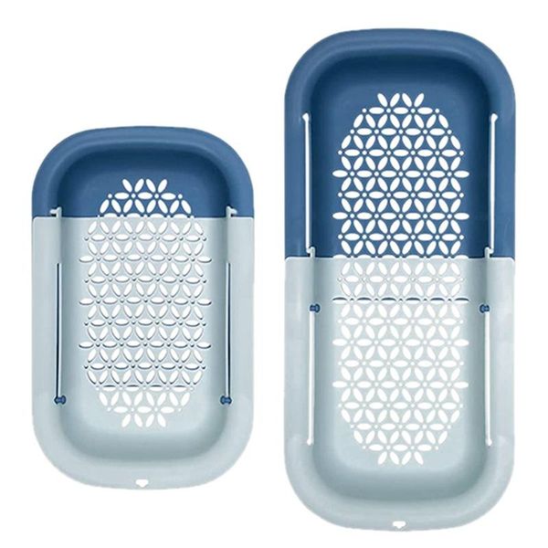 

kitchen storage & organization 2 pcs retractable drain basket household sink plastic rack vegetable fruit artifact light+dark blue