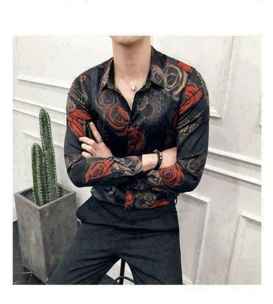 

men's dress shirts printed floral satin buttons front nightclub party c162, White;black