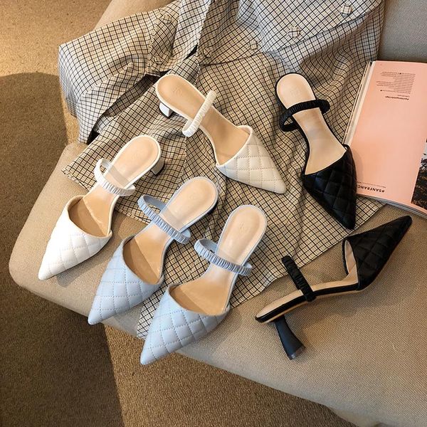 

pointed toe women sandals slides thin high heels sewing design slip on solid color fashion slippers mules party shoes, Black
