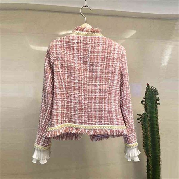 

women's suits & blazers runway pink plaid women tweed overcoat autumn tassel beading long sleeve jacket coat fashion, White;black