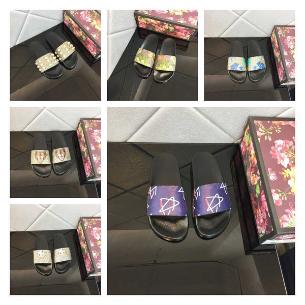 

2021 women sandals slippers embroidery designers slides sandal floral brocade flip flops striped beach leather rubber flower slipper loafers, Black