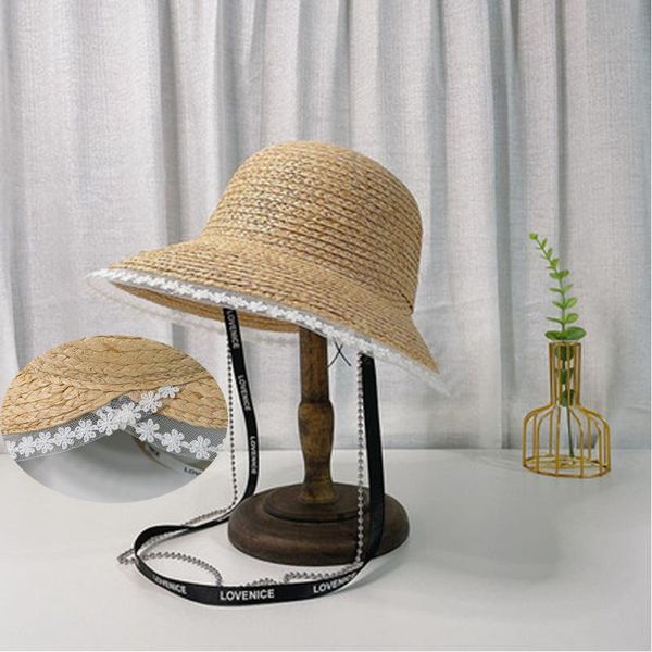 

wide brim hats 2021 lace ribbon cowgirl summer hat straw for women men western cowboy lady trendy woven sun beach cap with chain, Blue;gray
