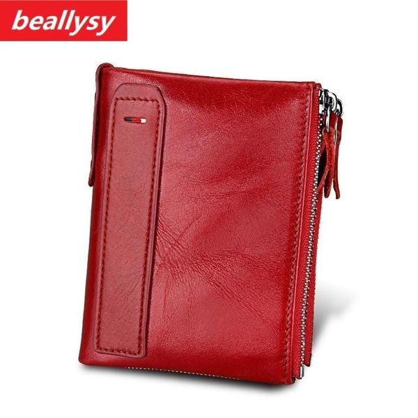 

wallets crazy horse genuine leather women credit business card holders double zipper cowhide wallet purse carteira, Red;black