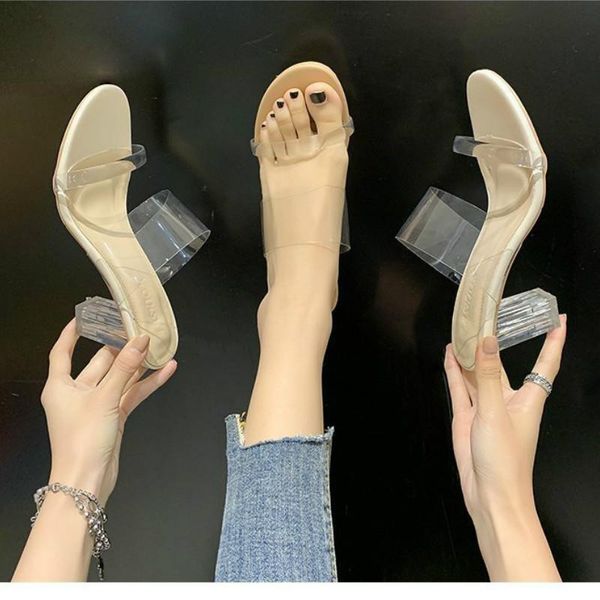 

2021shoes med womens slippers outdoor heeled mules jelly slides rubber flip flops pantofle fashion square heel heels transparent, Black