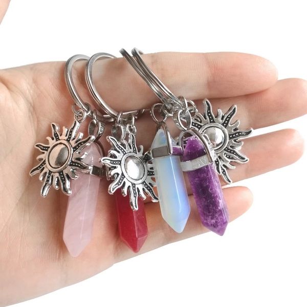 

natural stone hexagonal column couple keychain women opal quartz sun moon trinket wedding party lovers gift, Silver