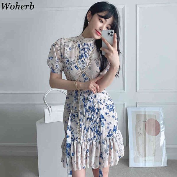 

elegant dresses women stand neck short sleeve chiffon print dress chic lace patchwork ruffle slim pleated vestidos mujer 210417, Black;gray