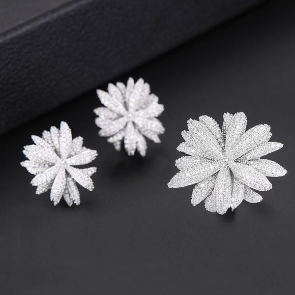 

earrings & necklace godki est luxury fireworks daisy flower cubic zironia cz jewelry sets for women wedding dubai bridal set, Silver
