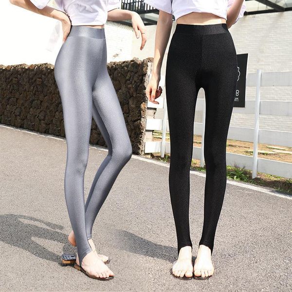 

women's leggings glossy pedal high waist thin elastic breathable sports tights fitness pants, Black