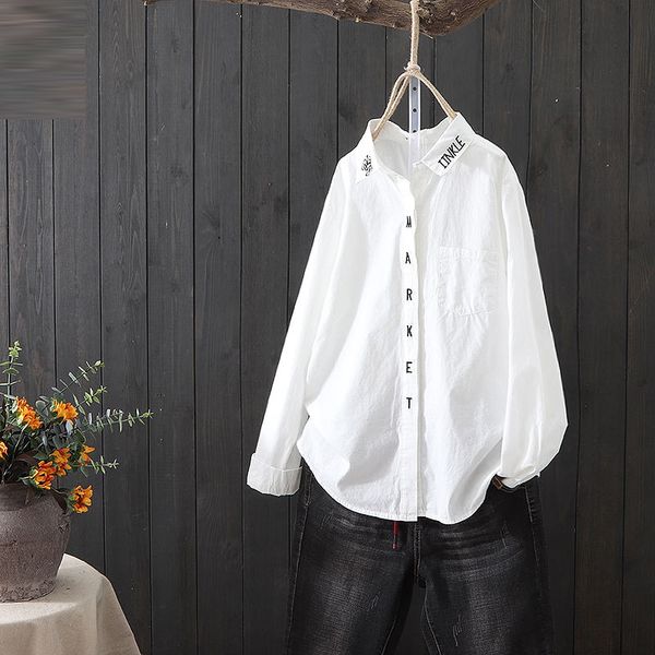 

shirts spring fall style arts women long white shirt 100% cotton letter embroidered casual s571