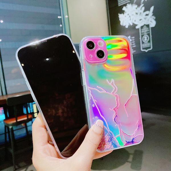 Bling Laser Marble Soft TPU Capas para Iphone 15 Plus Pro Max Samsung S24 Ultra Plus A15 A05S A55 A35 A25 Rainbow Natural Granite Rock Stone Mulheres Girl Phone Back Cover