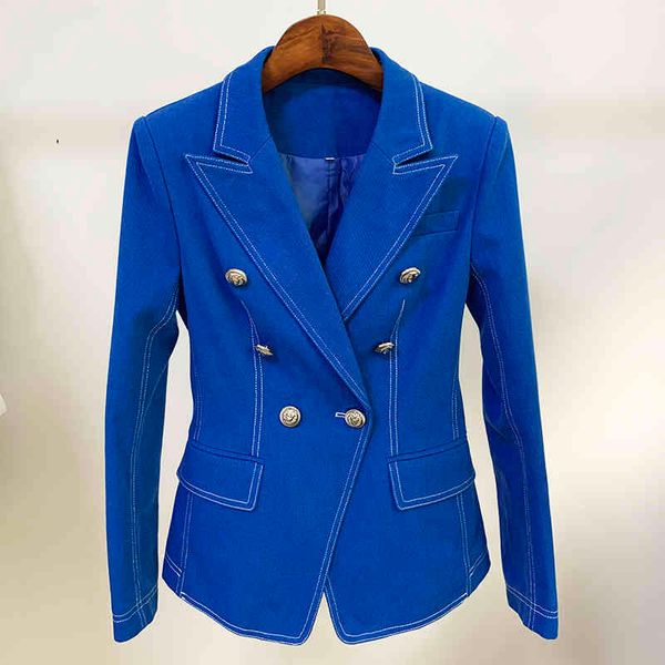 

women's suits & blazers fashion designer stitching contrast lion buttons double breasted denim jacket zljs, White;black