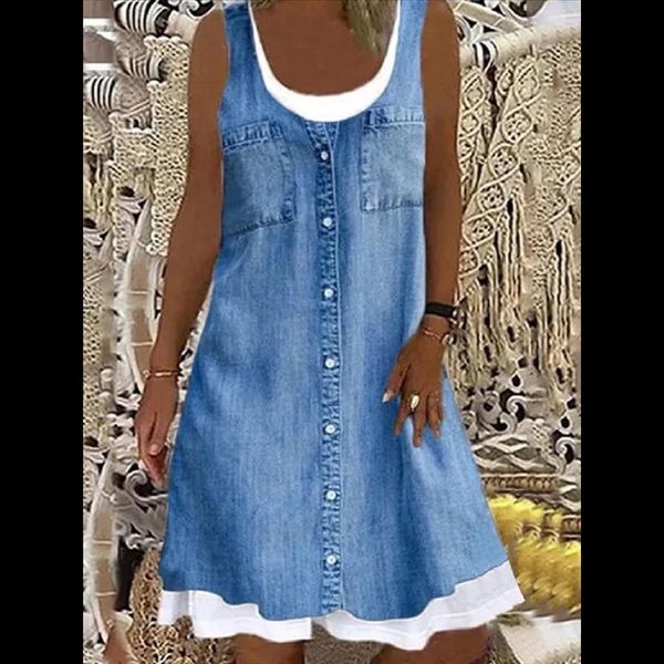 

casual dresses summer women loose denim dress oversized 4xl round neck sleeveless hollow out outdoor -40, Black;gray