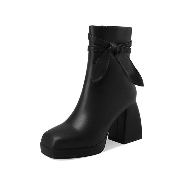 

the genuine leather high party bowknot zip shoes winter women's boots, Black