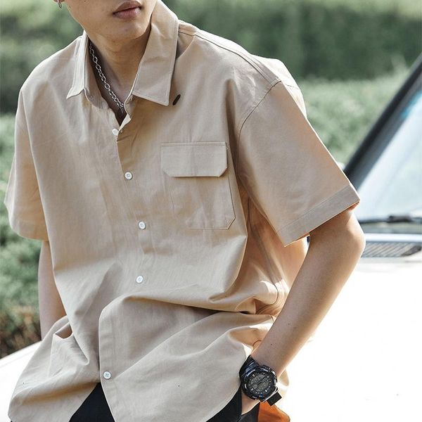 

men's casual shirts summer pocket solid color workwear shirt men korean fashion loose harajuku streetwear short sleeve t-shirt, White;black