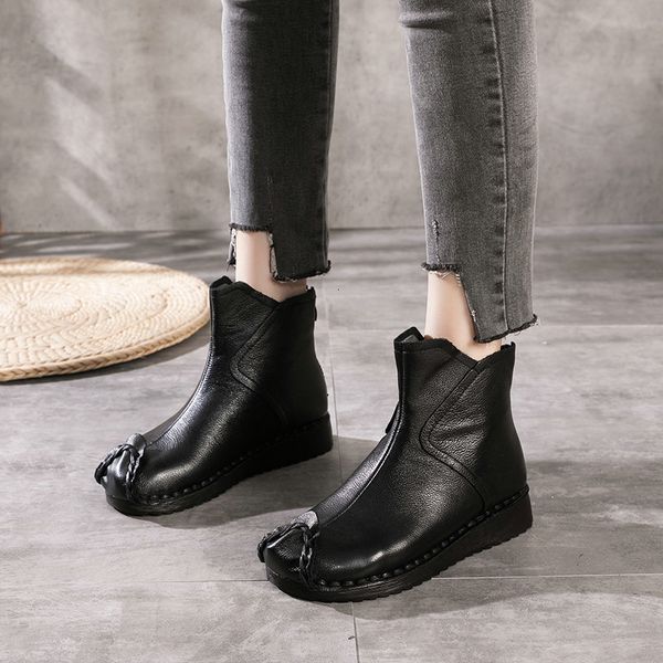 

boots retro soft sole women round toe winter genuine leather low heel hand stitched short boots ladies, Black