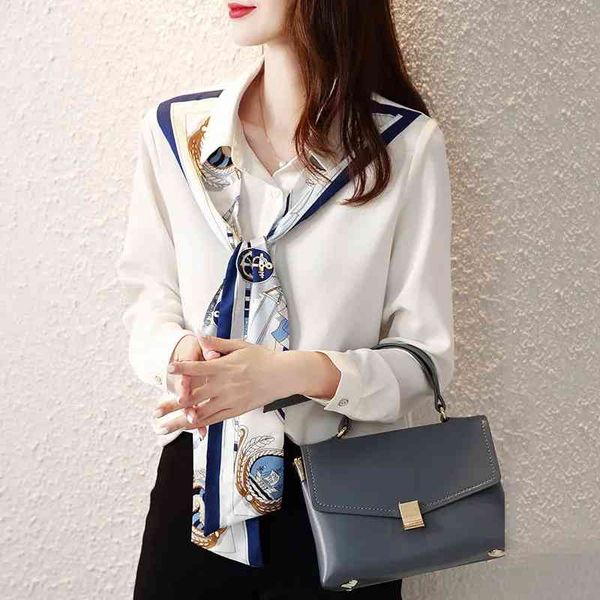 

chic korean style long sleeve women white shirts blouse office lady chiffon tie work tunic shirt plus size summer 210521