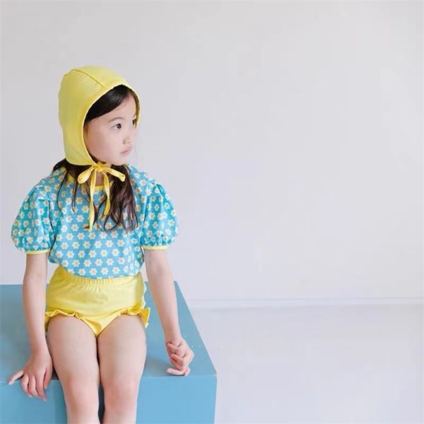 O verão flores meninas split swimwear peça swimsuit sunscreen para crianças menina crianças 210702