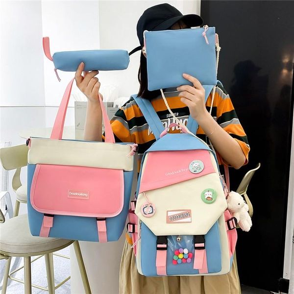 

school bags 4-piece set fashion women's backpack trend badge canvas bag for girls cute pendant contrast color shoulder