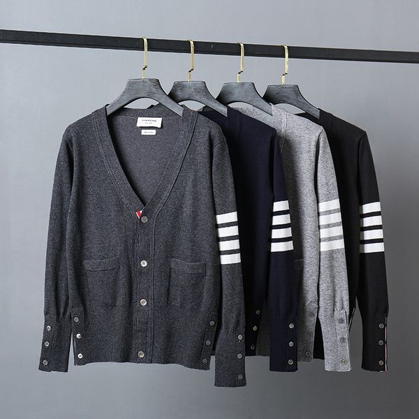 

hoodies fashion tb thom brand sweaters men slim fit v-neck cardigans clothing striped cotton wool spring and autumn casual coat, Black