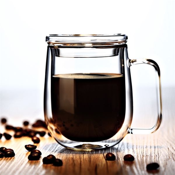 250ml Alto isolamento in borosilicato Vetro a doppio vetro Moda Tazze da tè resistenti al calore Caffè Latte Bevande Tazza con coperchio e cucchiaio 210804