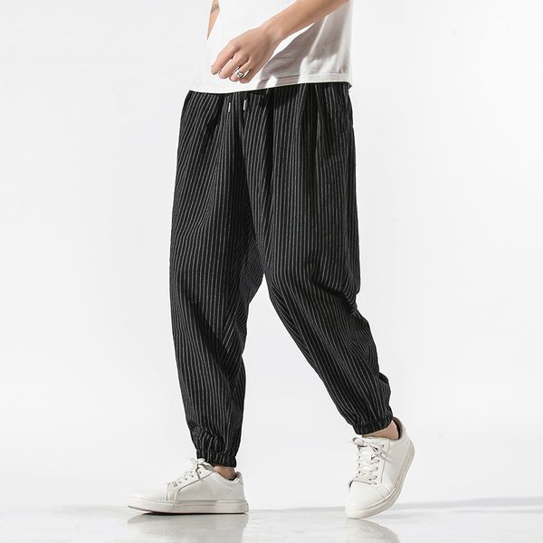

pant men's cotton linen streetwear loose joggers men autumn striped oversize harem pants male fashion trousers, Black