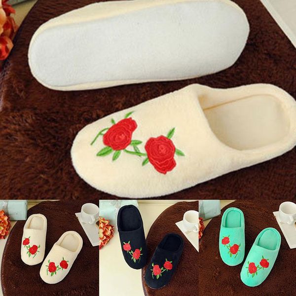 

women winter slippers embroider floral shoes plush indoor warm loafer flip flop home soft non-slip flat, Black
