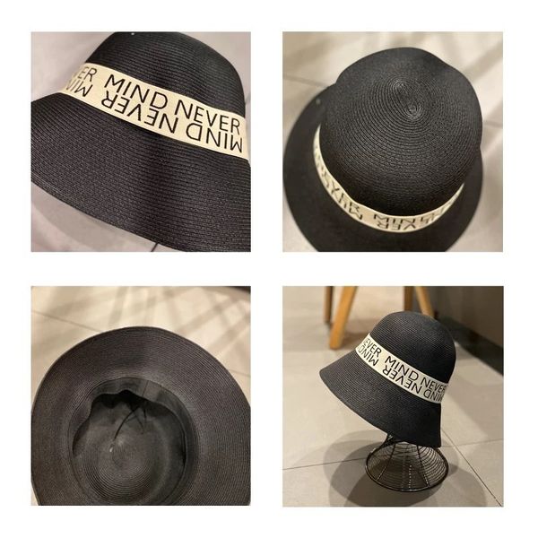 

versatile letter binding straw bucket casual small brim straw hat sun hat for spring and summer outing, Black;white