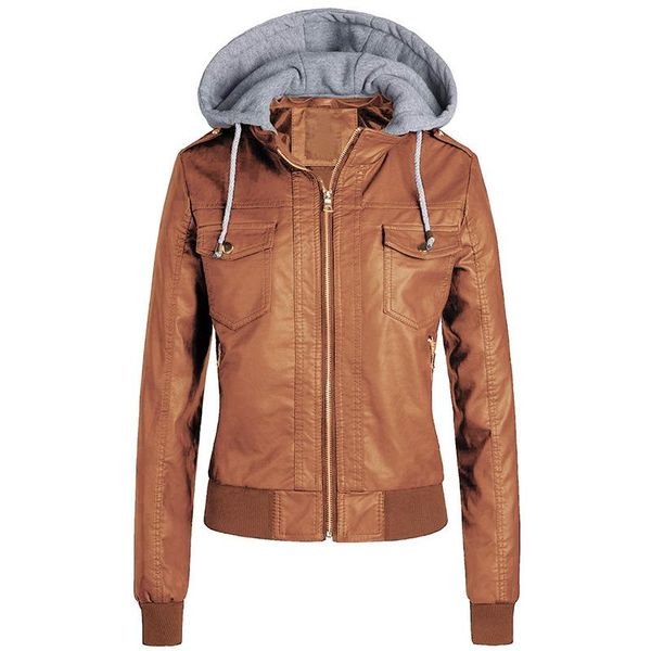 

women's leather & faux women hooded jackets zipper motorcycle pocket jacket autumn winter warm outerwear coat, Black