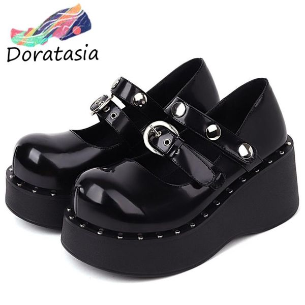 

dress shoes doratasia lolita cosplay buckle round toe platform marry janes pumps women wedges rivit metal punk goth casual, Black