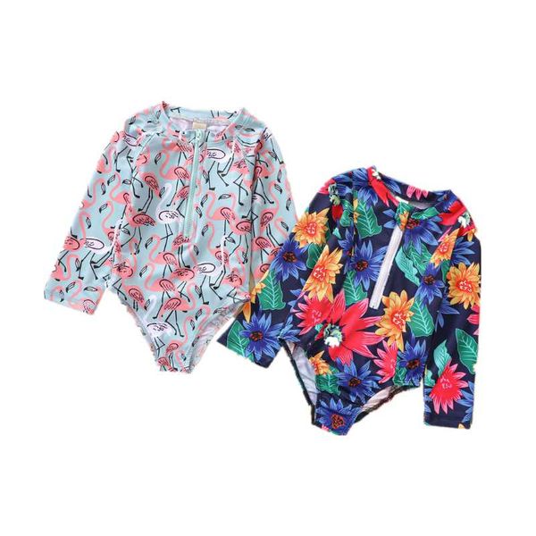 

one-pieces children's swimsuit girls one-piece wetsuit long sleeve sunscreen cartoon print children swimming wading sportswear, Black