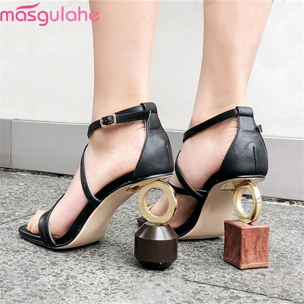 

dress shoes masgulahe 2021 genuine leather women sandals buckle unique high heels summer party prom woman, Black
