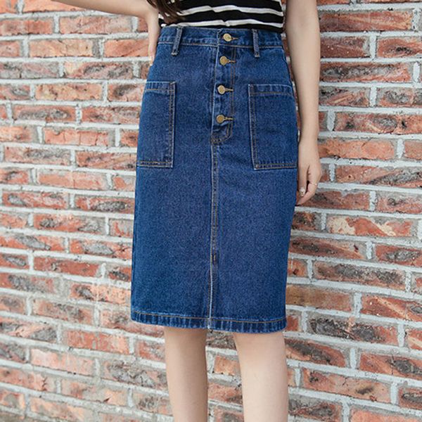 

skirts 2021 spring summer women denim vintage blue button high waist pencil ladies office knee-length jeans 9jfc, Black