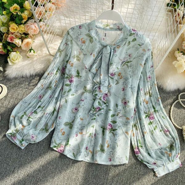 

women's blouses & shirts vintage print chiffon women blouse 2021 summer ruffles loose long sleeve elegant korean style female regular, White